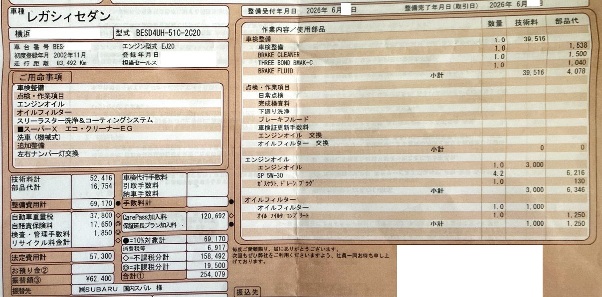 スバル レガシィ S401：3度目の車検（登録から24年）の整備箇所と費用