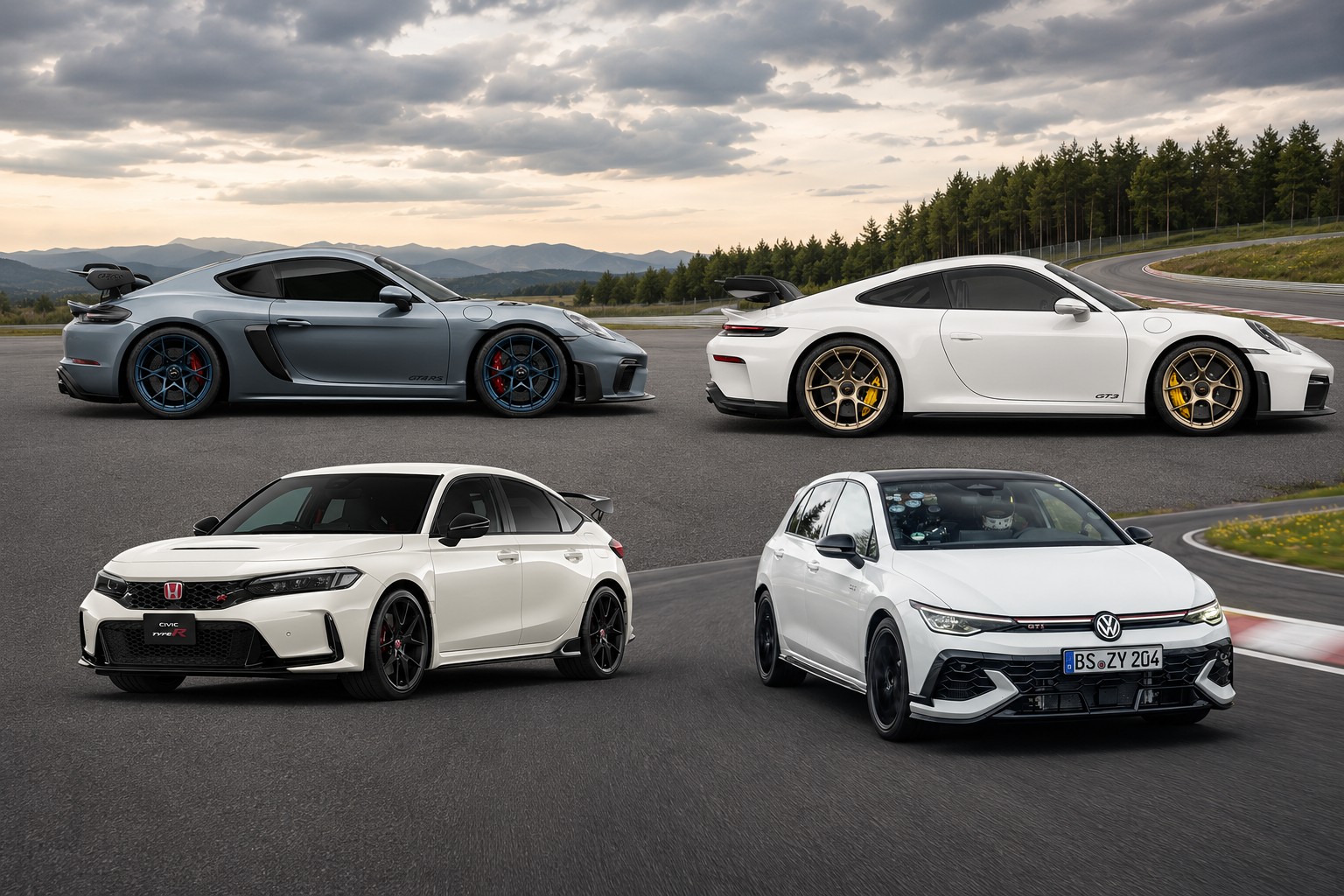 ポルシェ 911 GT3（992.1）、718 ケイマン GT4 RS（982）、フォルクスワーゲン ゴルフ GTI エディション50、ホンダ シビック タイプR（FL5）